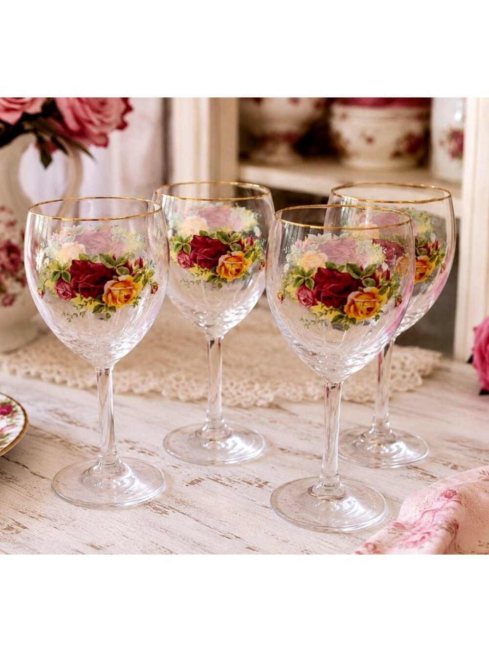 Royal Albert Old Country Roses Set of 4 Wine Glasses Water Goblets 7.5" 11 oz Go